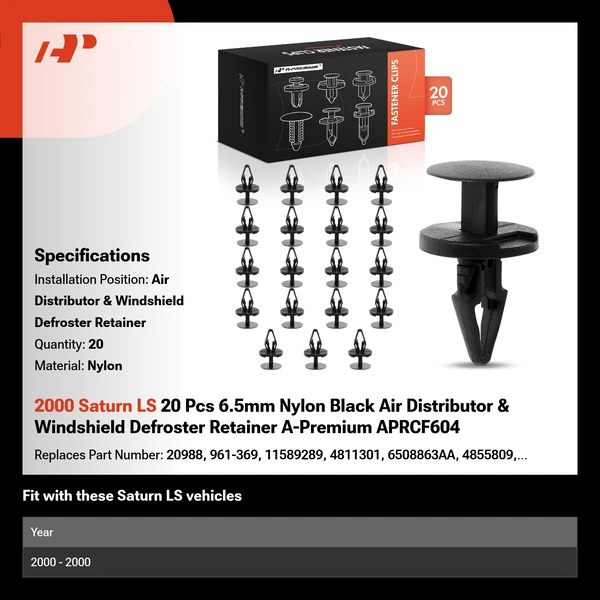 2000 Saturn LS 20 Pcs 6.5mm Nylon Black Air Distributor & Windshield Defroster Retainer A-Premium APRCF604