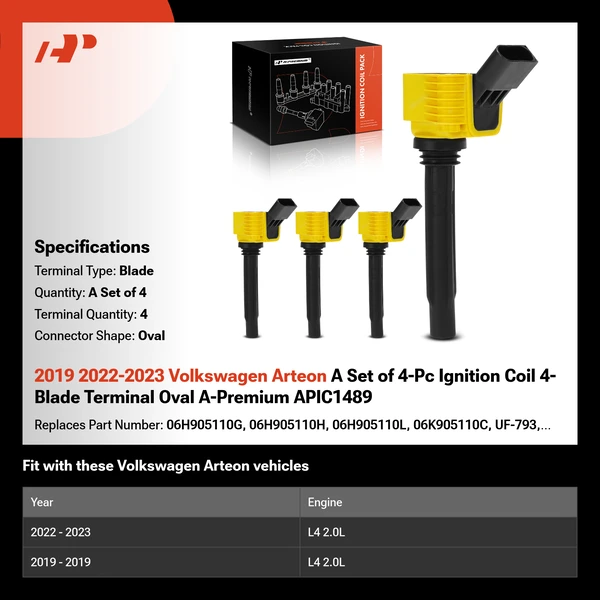2019 2022-2023 Volkswagen Arteon A Set of 4-Pc Ignition Coil 4-Blade Terminal Oval A-Premium APIC1489