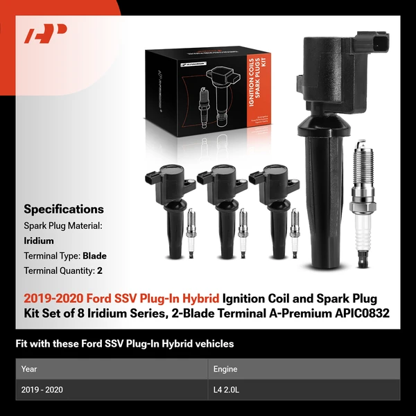 2019-2020 Ford SSV Plug-In Hybrid Ignition Coil and Spark Plug Kit Set of 8 Iridium Series, 2-Blade Terminal A-Premium APIC0832