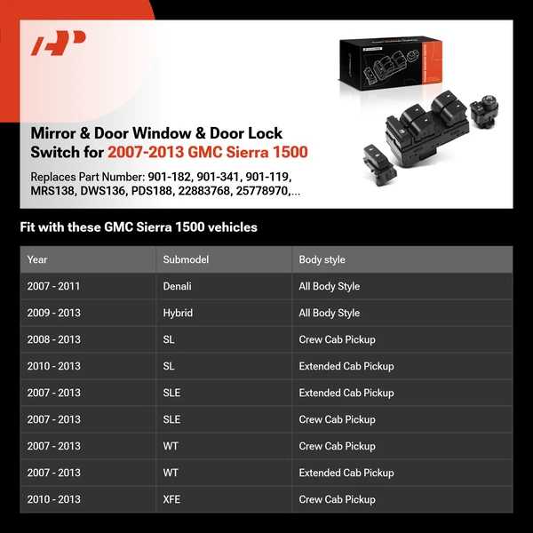 Mirror & Door Window & Door Lock Switch for 2007-2013 GMC Sierra 1500