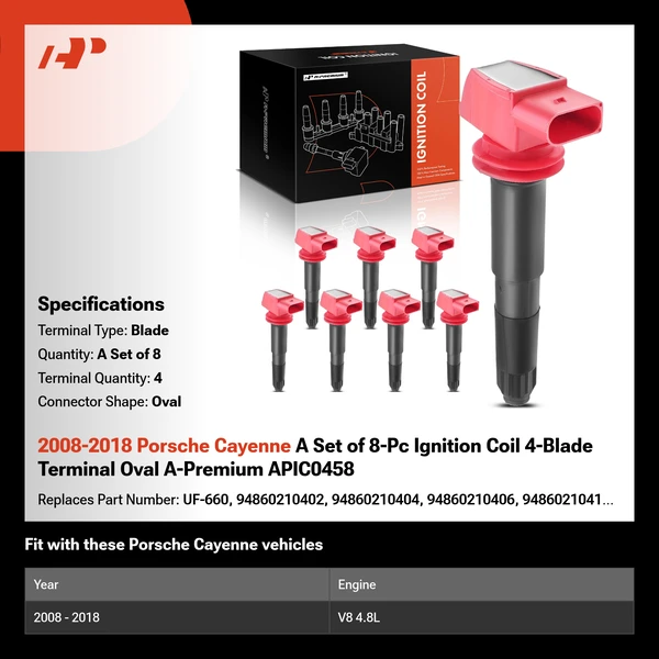 2008-2018 Porsche Cayenne A Set of 8-Pc Ignition Coil 4-Blade Terminal Oval A-Premium APIC0458