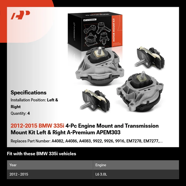 2012-2015 BMW 335i 4-Pc Engine Mount and Transmission Mount Kit Left & Right A-Premium APEM303