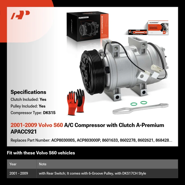 2001-2009 Volvo S60 A/C Compressor with Clutch A-Premium APACC921