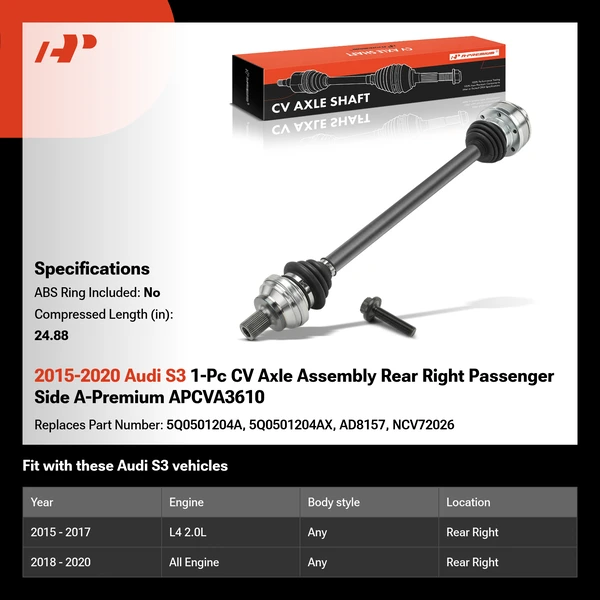 2015-2020 Audi S3 1-Pc CV Axle Assembly Rear Right Passenger Side A-Premium APCVA3610