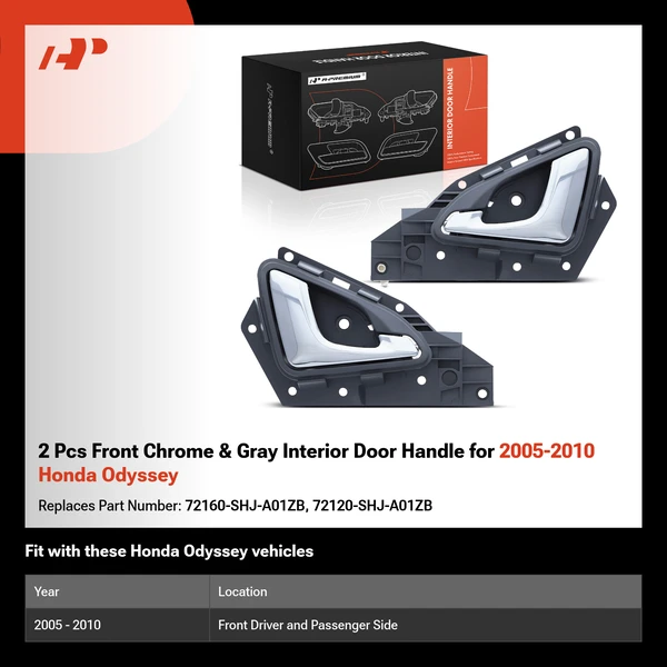 2 Pcs Front Chrome & Gray Interior Door Handle for 2005-2010 Honda Odyssey