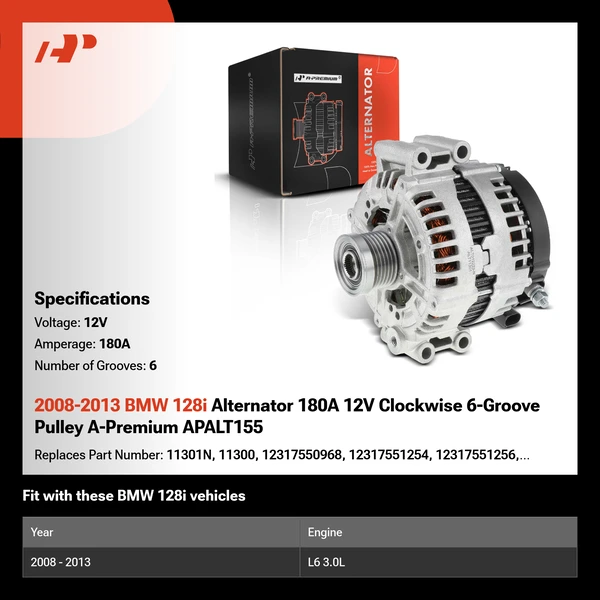 2008-2013 BMW 128i Alternator 180A 12V Clockwise 6-Groove Pulley A-Premium APALT155