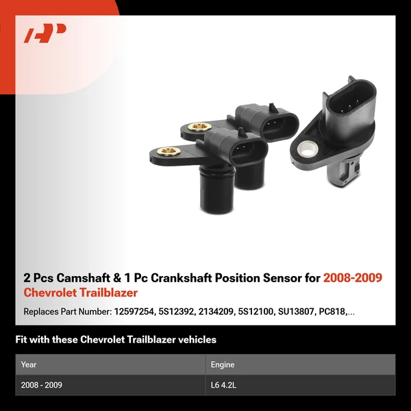2 Pcs Camshaft & 1 Pc Crankshaft Position Sensor for 2008-2009 Chevrolet Trailblazer