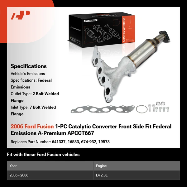 2006 Ford Fusion 1-PC Catalytic Converter Front Side Fit Federal Emissions A-Premium APCCT667