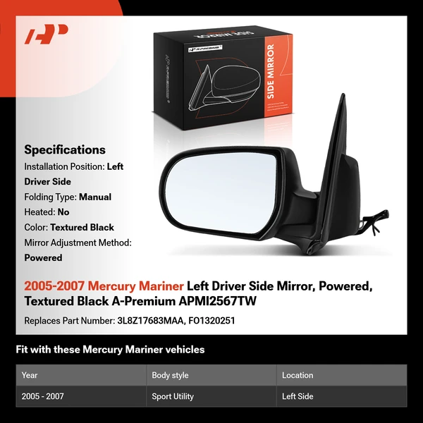 2005-2007 Mercury Mariner Left Driver Side Mirror, Powered, Textured Black A-Premium APMI2567TW