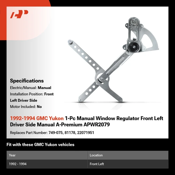 1992-1994 GMC Yukon 1-Pc Manual Window Regulator Front Left Driver Side Manual A-Premium APWR2079