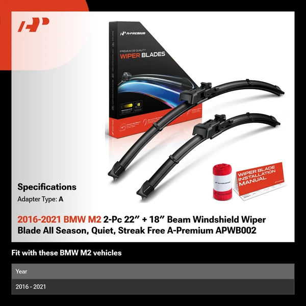2016-2021 BMW M2 2-Pc 22″ + 18″ Beam Windshield Wiper Blade All Season, Quiet, Streak Free A-Premium APWB002