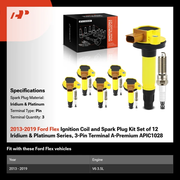 2013-2019 Ford Flex Ignition Coil and Spark Plug Kit Set of 12 Iridium & Platinum Series, 3-Pin Terminal A-Premium APIC1028