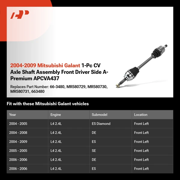 2004-2009 Mitsubishi Galant 1-Pc CV Axle Shaft Assembly Front Driver Side A-Premium APCVA437