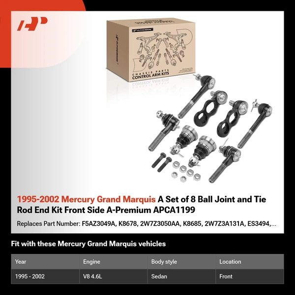 1995-2002 Mercury Grand Marquis A Set of 8 Ball Joint and Tie Rod End Kit Front Side A-Premium APCA1199