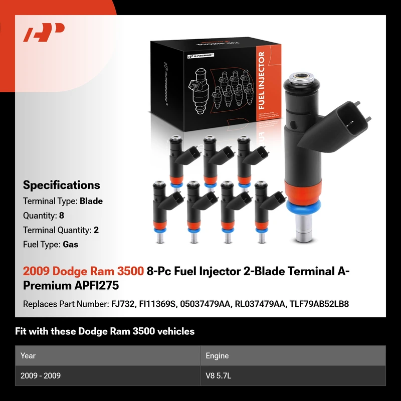 2009 Dodge Ram 3500 8-Pc Fuel Injector 2-Blade Terminal A-Premium APFI275