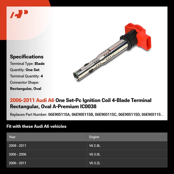 2006-2011 Audi A6 One Set-Pc Ignition Coil 4-Blade Terminal Rectangular, Oval A-Premium IC0038