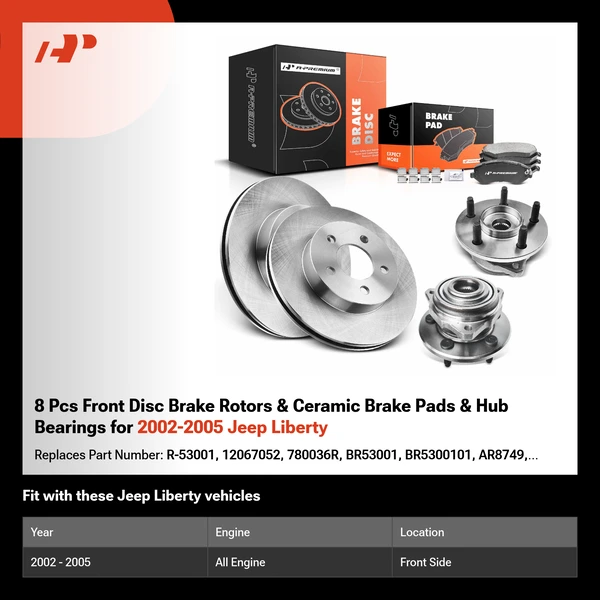 8 Pcs Front Disc Brake Rotors & Ceramic Brake Pads & Hub Bearings for 2002-2005 Jeep Liberty