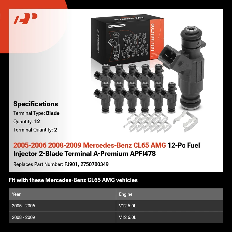 2005-2006 2008-2009 Mercedes-Benz CL65 AMG 12-Pc Fuel Injector 2-Blade Terminal A-Premium APFI478