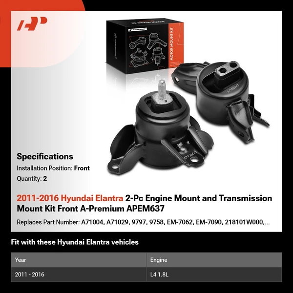 2011-2016 Hyundai Elantra 2-Pc Engine Mount and Transmission Mount Kit Front A-Premium APEM637