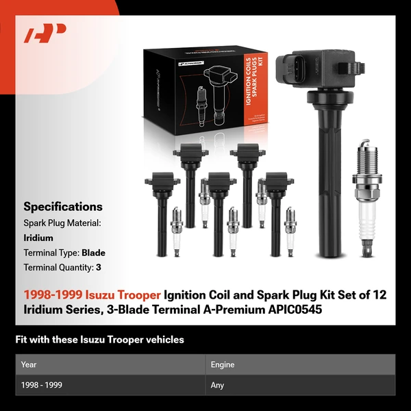 1998-1999 Isuzu Trooper Ignition Coil and Spark Plug Kit Set of 12 Iridium Series, 3-Blade Terminal A-Premium APIC0545