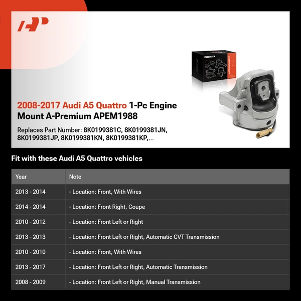 2008-2017 Audi A5 Quattro 1-Pc Engine Mount A-Premium APEM1988