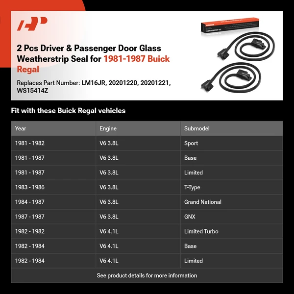 2 Pcs Driver & Passenger Door Glass Weatherstrip Seal for 1981-1987 Buick Regal