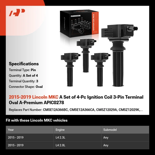 2015-2019 Lincoln MKC A Set of 4-Pc Ignition Coil 3-Pin Terminal Oval A-Premium APIC0278