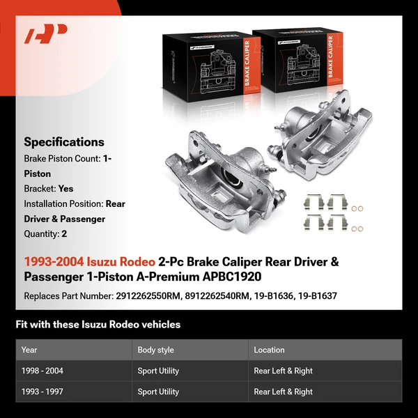 1993-2004 Isuzu Rodeo 2-Pc Brake Caliper Rear Driver & Passenger 1-Piston A-Premium APBC1920