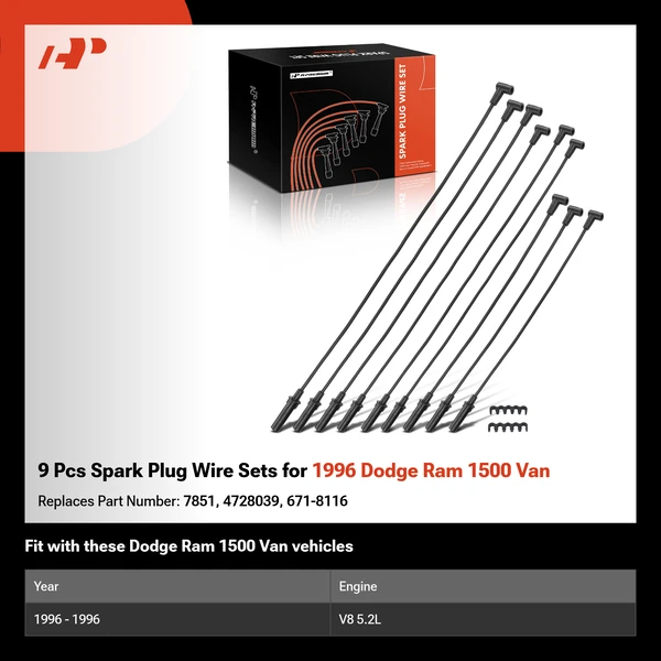 9 Pcs Spark Plug Wire Sets for 1996 Dodge Ram 1500 Van