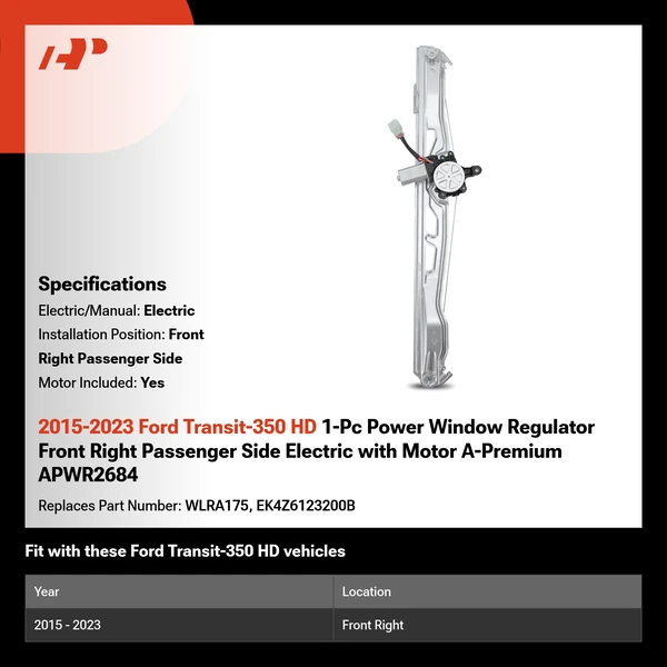 2015-2023 Ford Transit-350 HD 1-Pc Power Window Regulator Front Right Passenger Side Electric with Motor A-Premium APWR2684