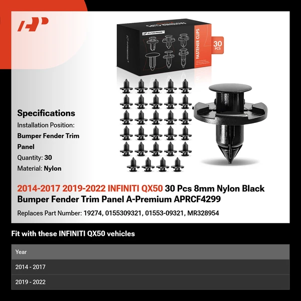 2014-2017 2019-2022 INFINITI QX50 30 Pcs 8mm Nylon Black Bumper Fender Trim Panel A-Premium APRCF4299