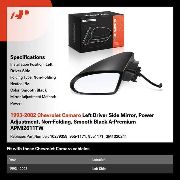 1993-2002 Chevrolet Camaro Left Driver Side Mirror, Power Adjustment, Non-Folding, Smooth Black A-Premium APMI2611TW