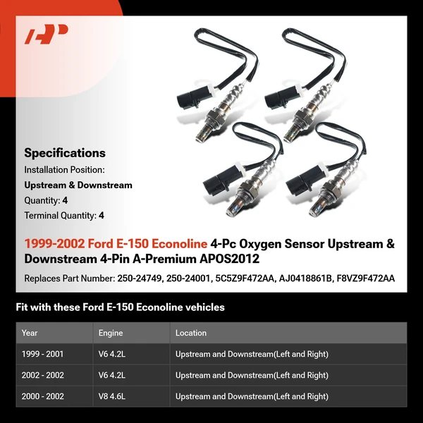 1999-2002 Ford E-150 Econoline 4-Pc Oxygen Sensor Upstream & Downstream 4-Pin A-Premium APOS2012