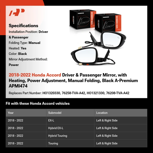 2018-2022 Honda Accord Driver & Passenger Mirror, with Heating, Power Adjustment, Manual Folding, Black A-Premium APMI474