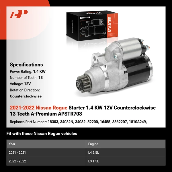 2021-2022 Nissan Rogue Starter 1.4 KW 12V Counterclockwise 13 Teeth A-Premium APSTR703