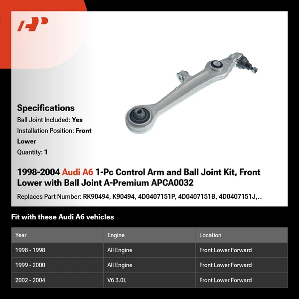 1998-2004 Audi A6 1-Pc Control Arm and Ball Joint Kit, Front Lower with Ball Joint A-Premium APCA0032