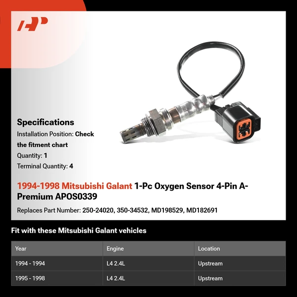 1994-1998 Mitsubishi Galant 1-Pc Oxygen Sensor 4-Pin A-Premium APOS0339