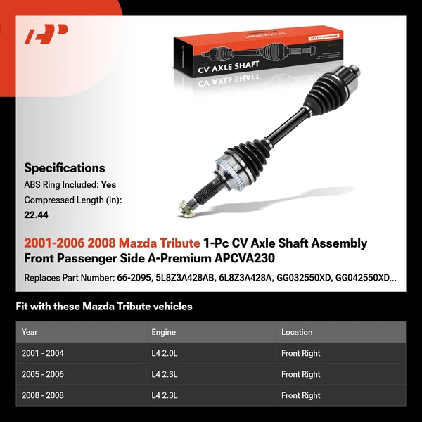2001-2006 2008 Mazda Tribute 1-Pc CV Axle Shaft Assembly Front Passenger Side A-Premium APCVA230