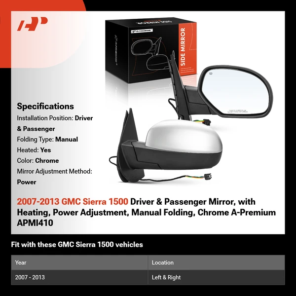 2007-2013 GMC Sierra 1500 Driver & Passenger Mirror, with Heating, Power Adjustment, Manual Folding, Chrome A-Premium APMI410