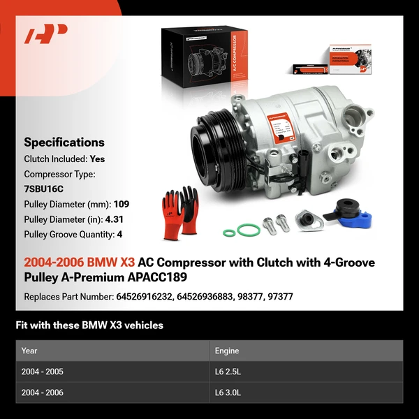 2004-2006 BMW X3 AC Compressor with Clutch with 4-Groove Pulley A-Premium APACC189