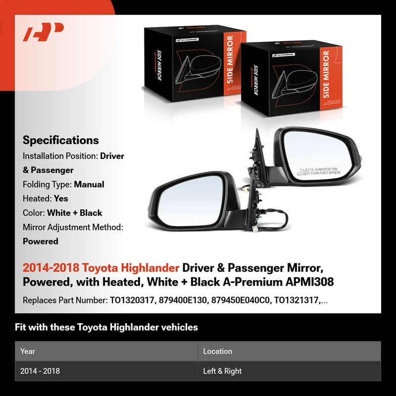 2014-2018 Toyota Highlander Driver & Passenger Mirror, Powered, with Heated, White + Black A-Premium APMI308