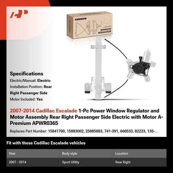 2007-2014 Cadillac Escalade 1-Pc Power Window Regulator and Motor Assembly Rear Right Passenger Side Electric with Motor A-Premium APWR0365