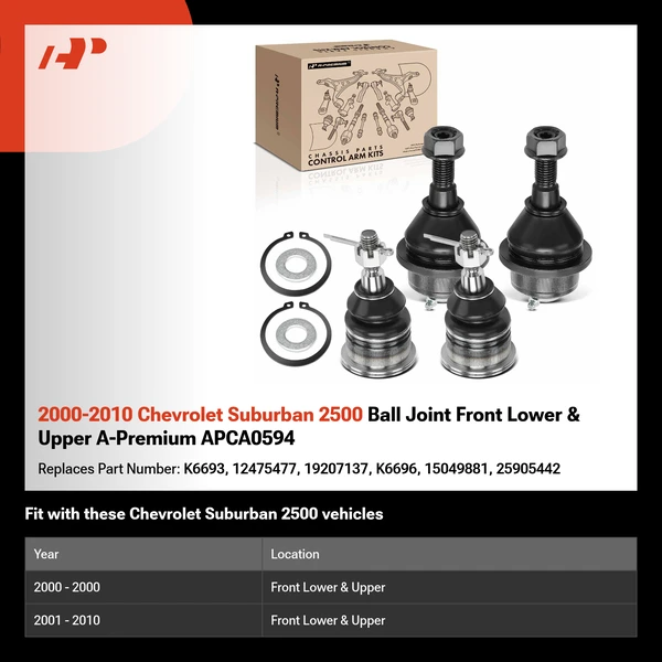 2000-2010 Chevrolet Suburban 2500 Ball Joint Front Lower & Upper A-Premium APCA0594