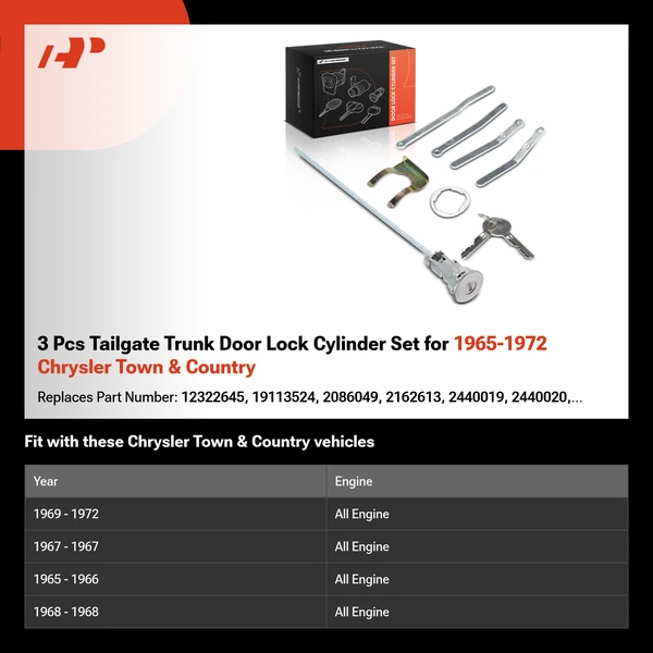 3 Pcs Tailgate Trunk Door Lock Cylinder Set for 1965-1972 Chrysler Town & Country