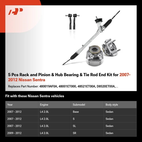 5 Pcs Rack and Pinion & Hub Bearing & Tie Rod End Kit for 2007-2012 Nissan Sentra