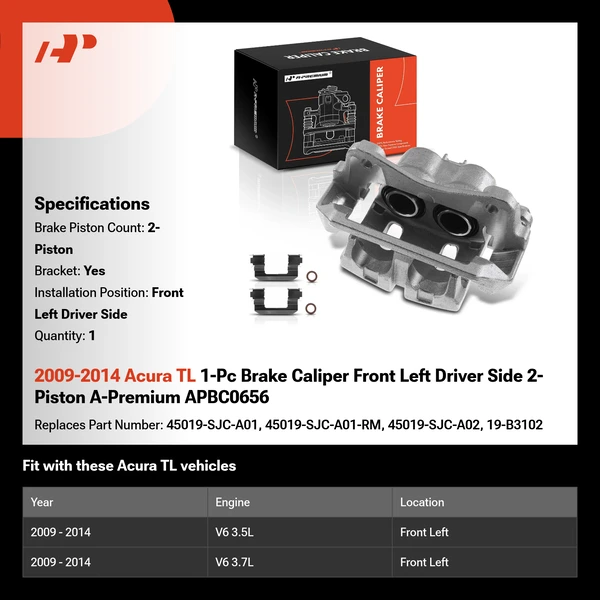 2009-2014 Acura TL 1-Pc Brake Caliper Front Left Driver Side 2-Piston A-Premium APBC0656