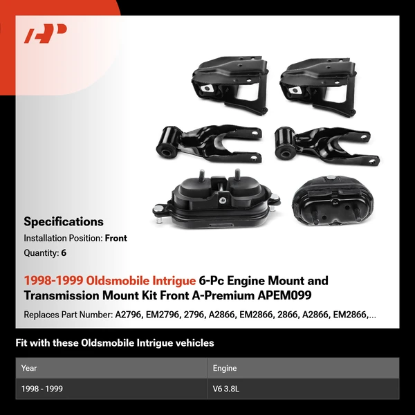 1998-1999 Oldsmobile Intrigue 6-Pc Engine Mount and Transmission Mount Kit Front A-Premium APEM099