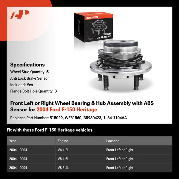 Front Left or Right Wheel Bearing & Hub Assembly with ABS Sensor for 2004 Ford F-150 Heritage