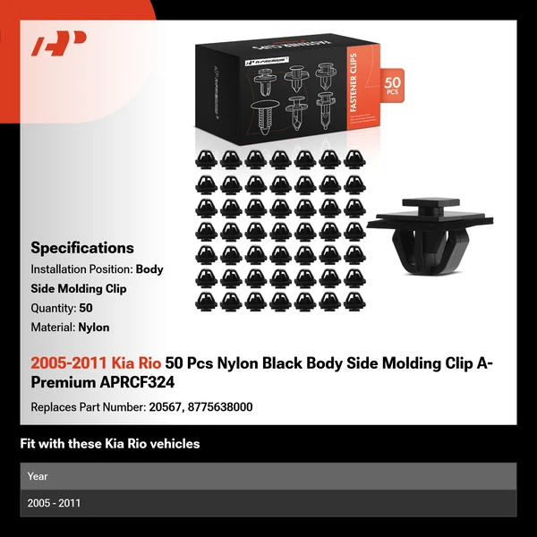 2005-2011 Kia Rio 50 Pcs Nylon Black Body Side Molding Clip A-Premium APRCF324