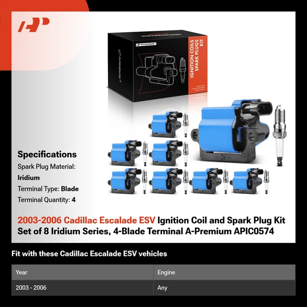 2003-2006 Cadillac Escalade ESV Ignition Coil and Spark Plug Kit Set of 8 Iridium Series, 4-Blade Terminal A-Premium APIC0574